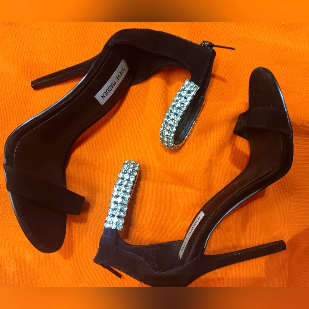 Steve Madden Black Suede Heels with Rhinestone Studded Ankle Strap SZ 9.5
